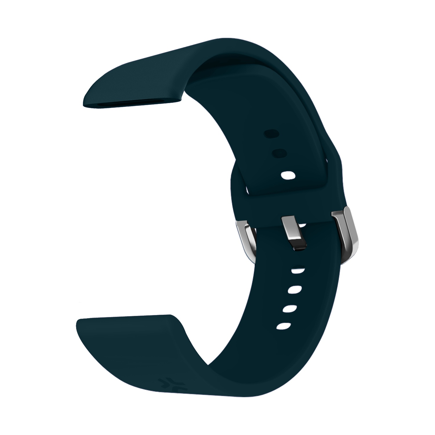 Un cinturino per smartwatch verde scuro con fibbia argentata, forma curva e diversi fori di regolazione su sfondo bianco.