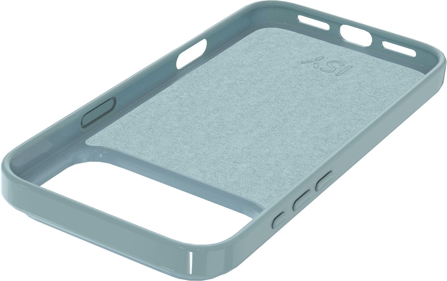 Une coque de téléphone bleu clair. Elle a un intérieur texturé et des découpes pour les boutons et l'appareil photo. Le logo ISY est visible.