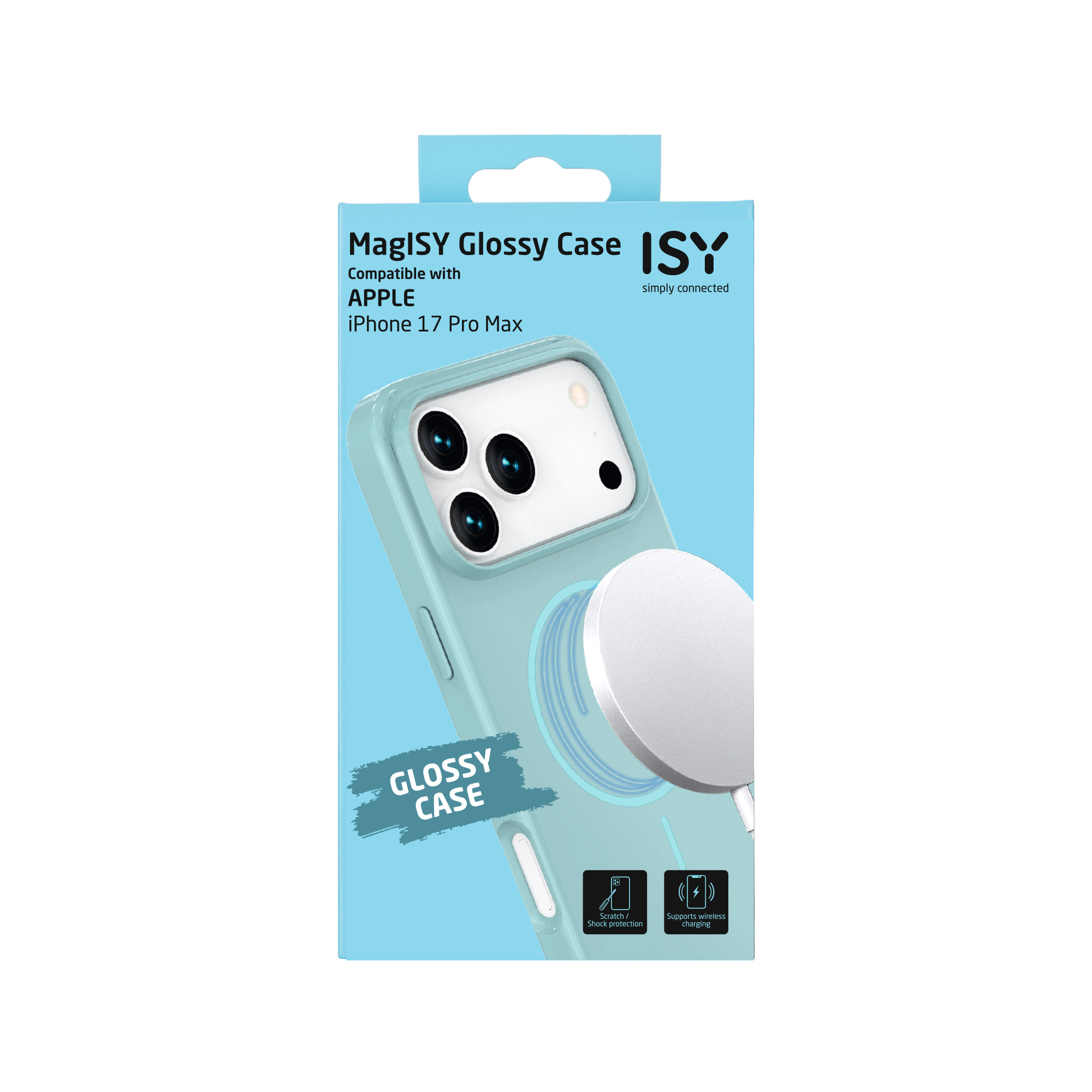 Une boîte de coque de téléphone. Elle montre une coque de téléphone bleu clair avec un chargeur MagSafe blanc.