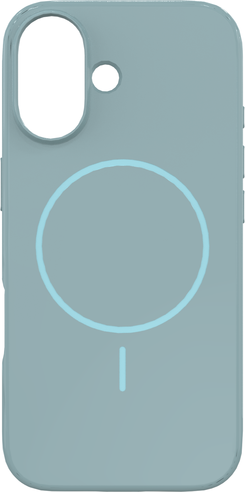 Une coque de téléphone sarcelle avec une découpe pour l'appareil photo et un motif de cercle et de ligne bleu clair, peut-être pour le chargement sans fil.