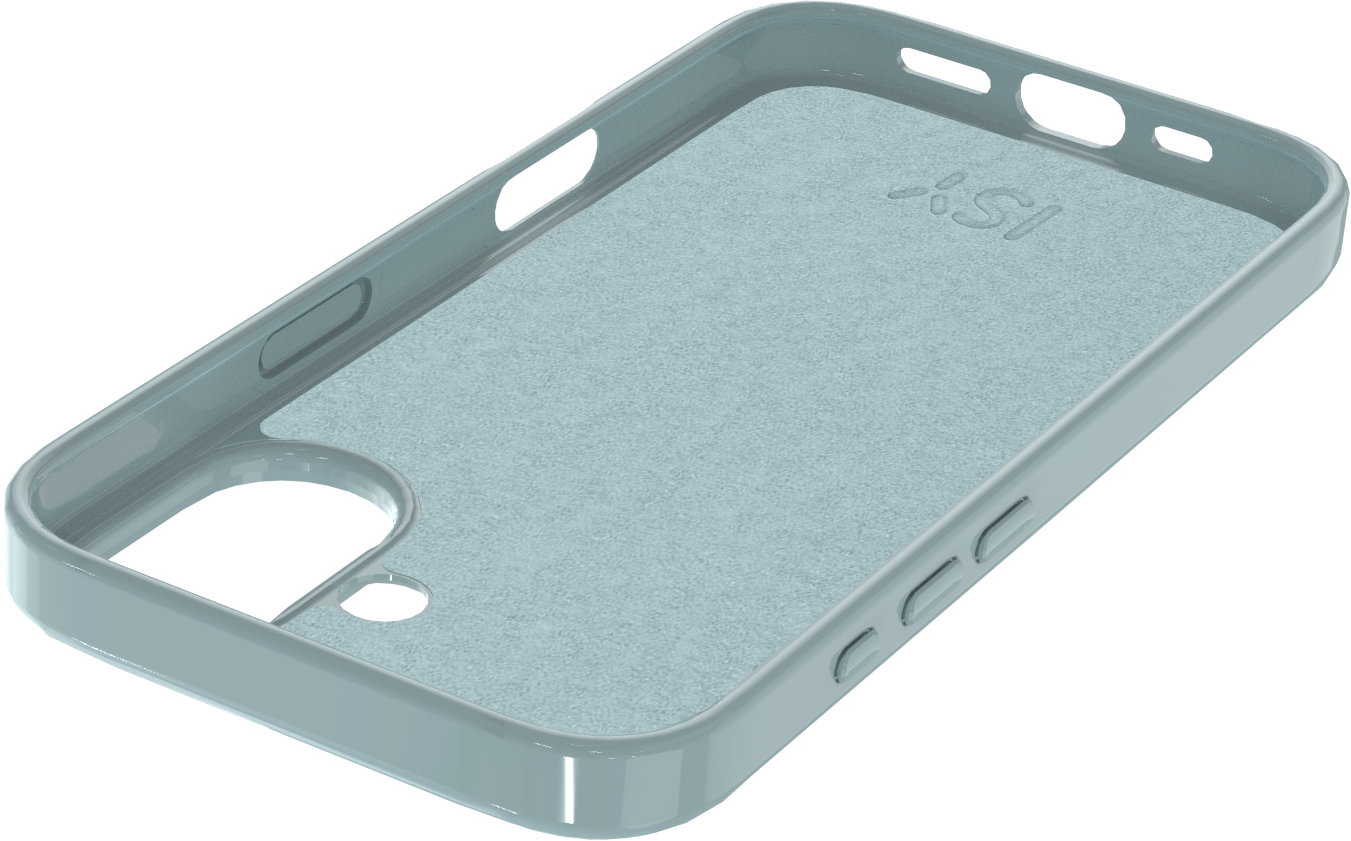 Une coque de téléphone bleu clair. Elle comporte des ouvertures pour l'appareil photo, les boutons et les ports. L'intérieur est texturé, logo visible.