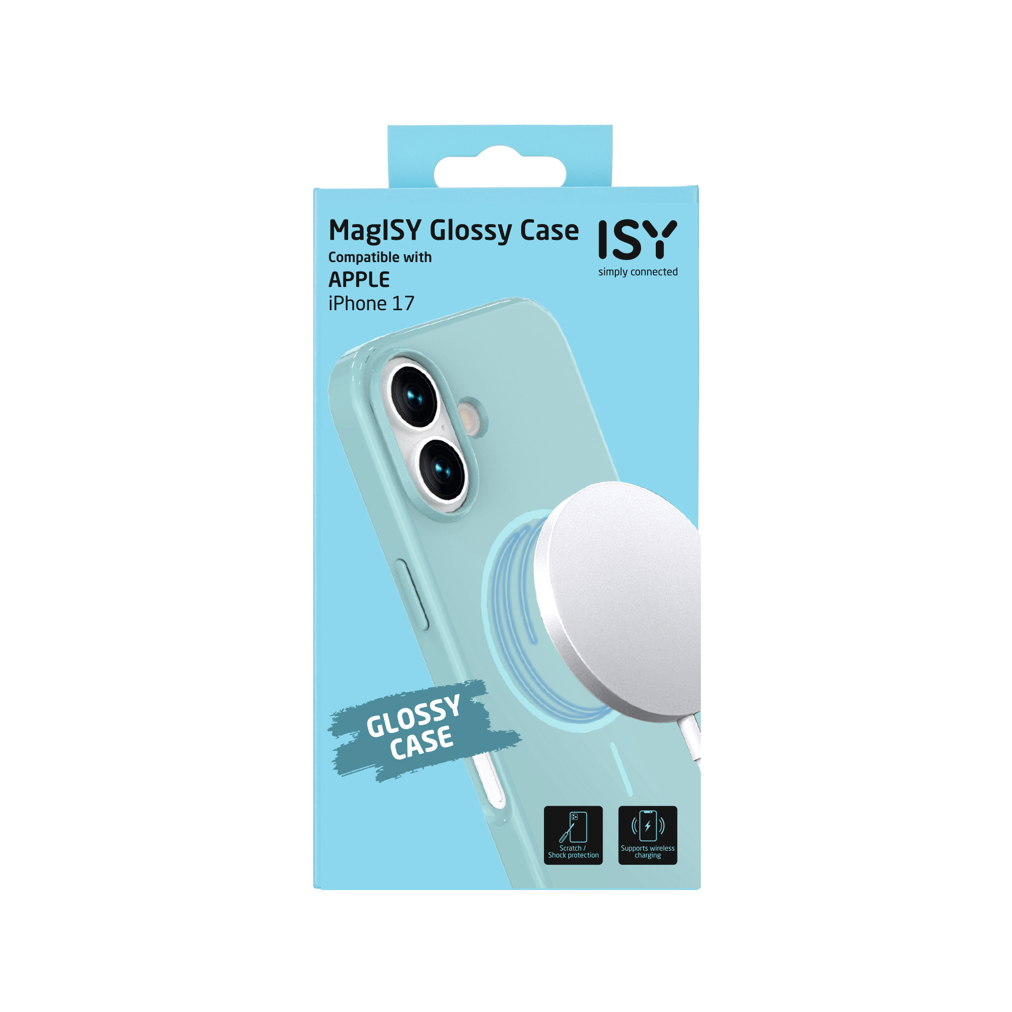Étui brillant MagISY en boîte pour iPhone 17. Comprend un étui et un chargeur magnétique blanc. Le texte sur la boîte inclut 'ISY' et 'Glossy Case'.
