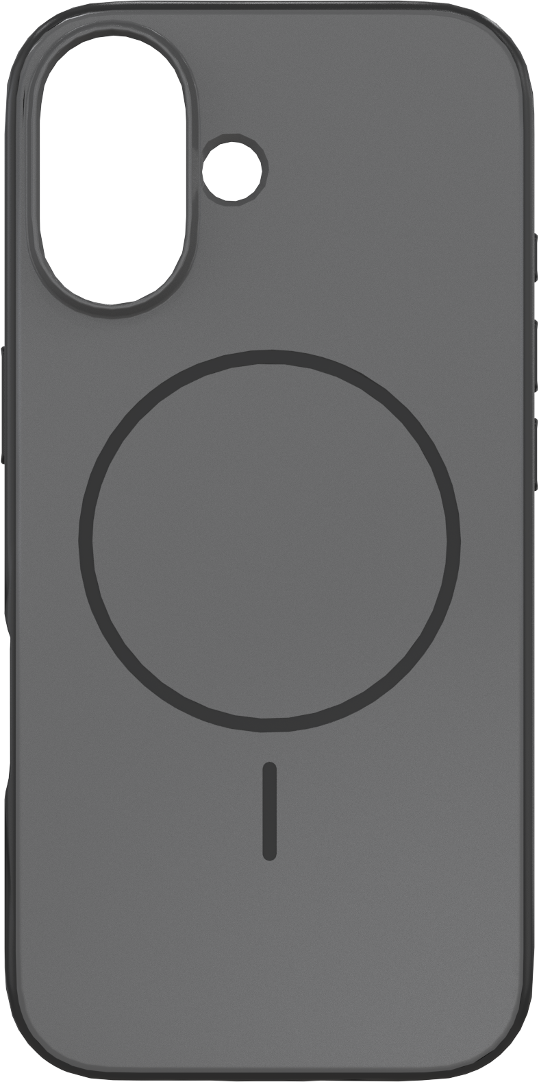 Une coque de téléphone grise avec des découpes pour la caméra et les boutons. Elle comporte un cercle et une ligne indiquant la zone de recharge sans fil.