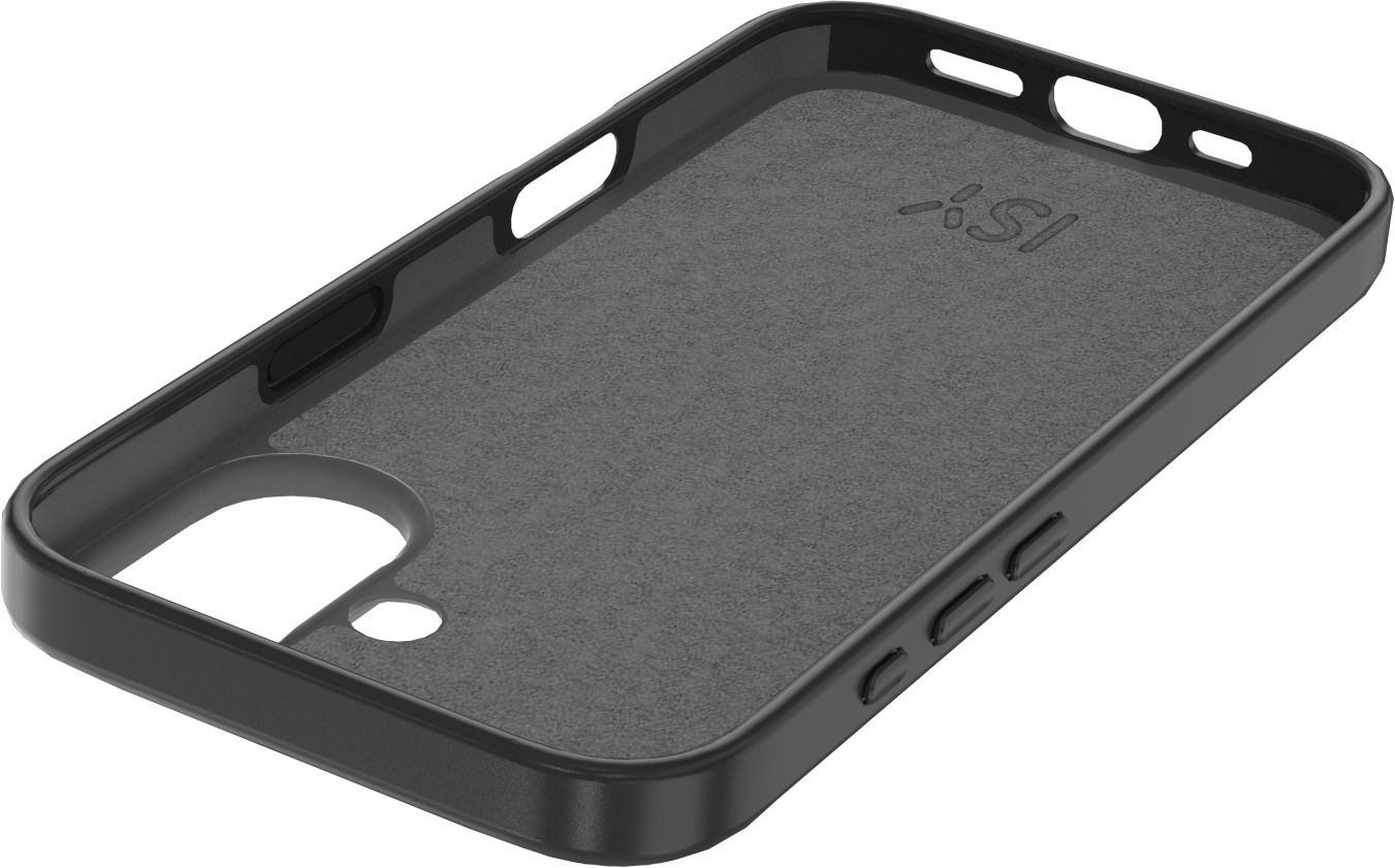 Coque de téléphone noire avec intérieur texturé. Comprend des découpes pour appareil photo et boutons, avec logo.