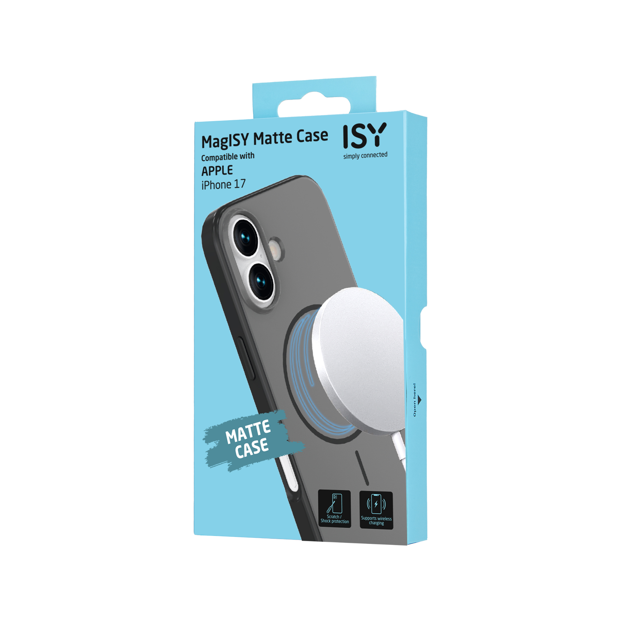 L'image montre une boîte de coque de téléphone pour iPhone 17. Elle est grise et possède un chargeur MagSafe blanc. La boîte est bleu clair.