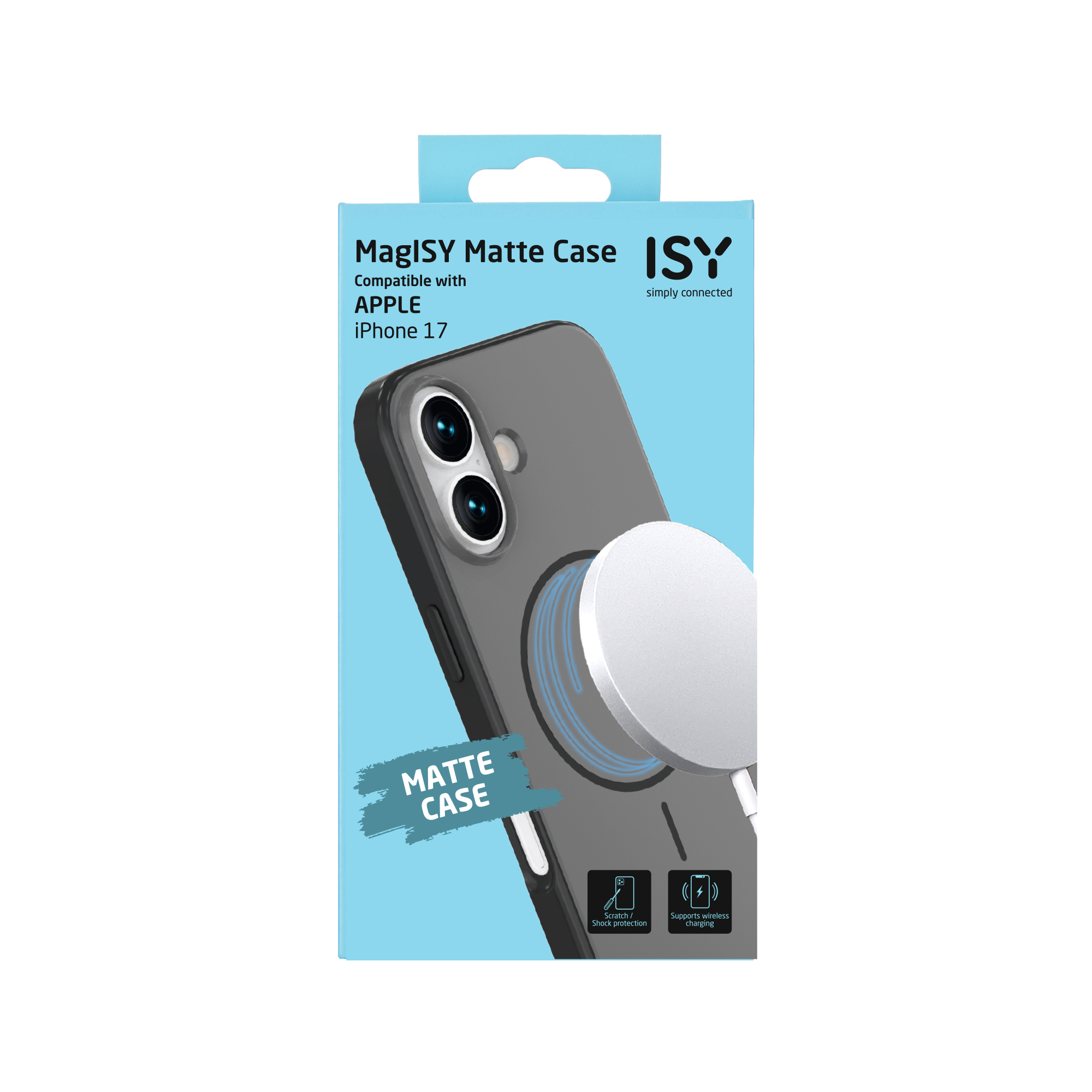 Une boîte de coque de téléphone avec un iPhone et un chargeur. Le texte indique 'MagISY Matte Case' et 'Prend en charge la charge sans fil'.