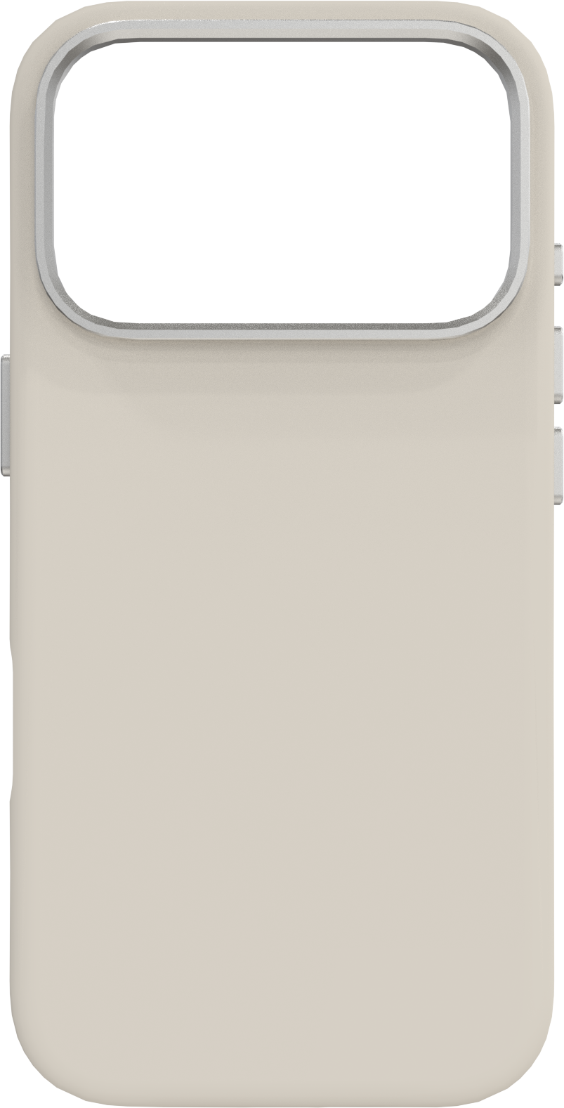Un étui de téléphone beige. La découpe de la caméra a un cadre argenté. Il y a des boutons sur le côté droit.