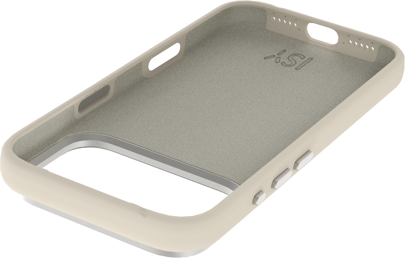 Une coque de téléphone ouverte en beige avec un intérieur gris. La coque a des découpes pour boutons et la marque 'iSi' est visible.