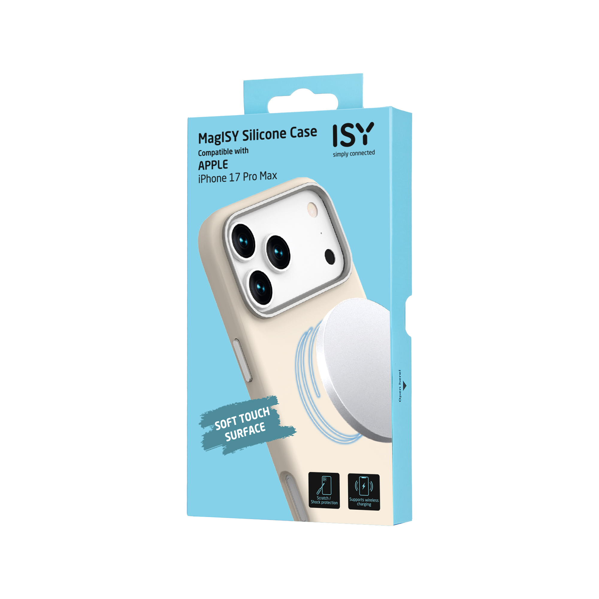 Boîte pour coque iPhone 17 Pro Max, coque beige à l'intérieur. Fond bleu et détails blancs. Comprend des icônes de protection et de charge.