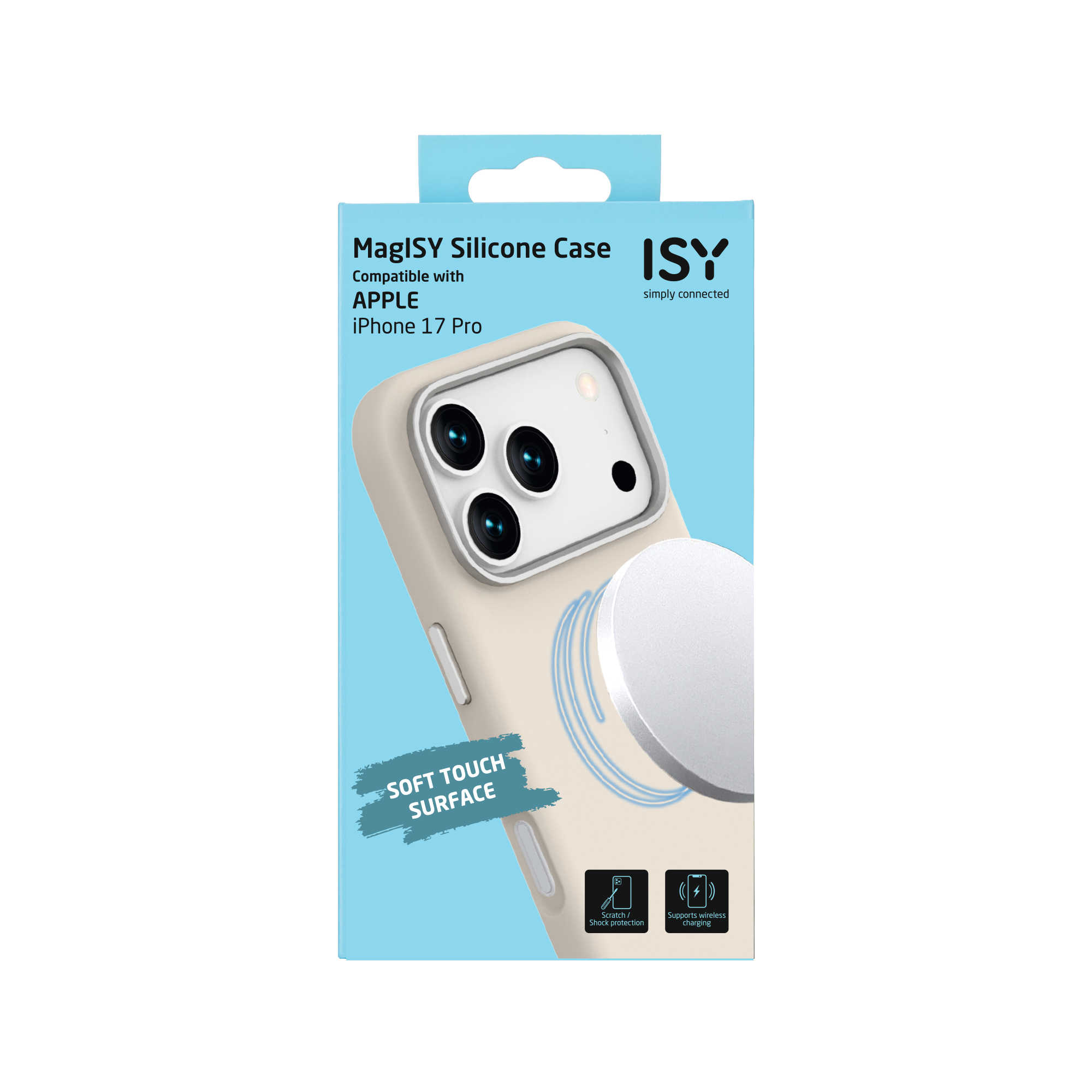 Coque iPhone 17 Pro en boîte. Coque de téléphone beige avec fixation magnétique circulaire argentée. Fond bleu.