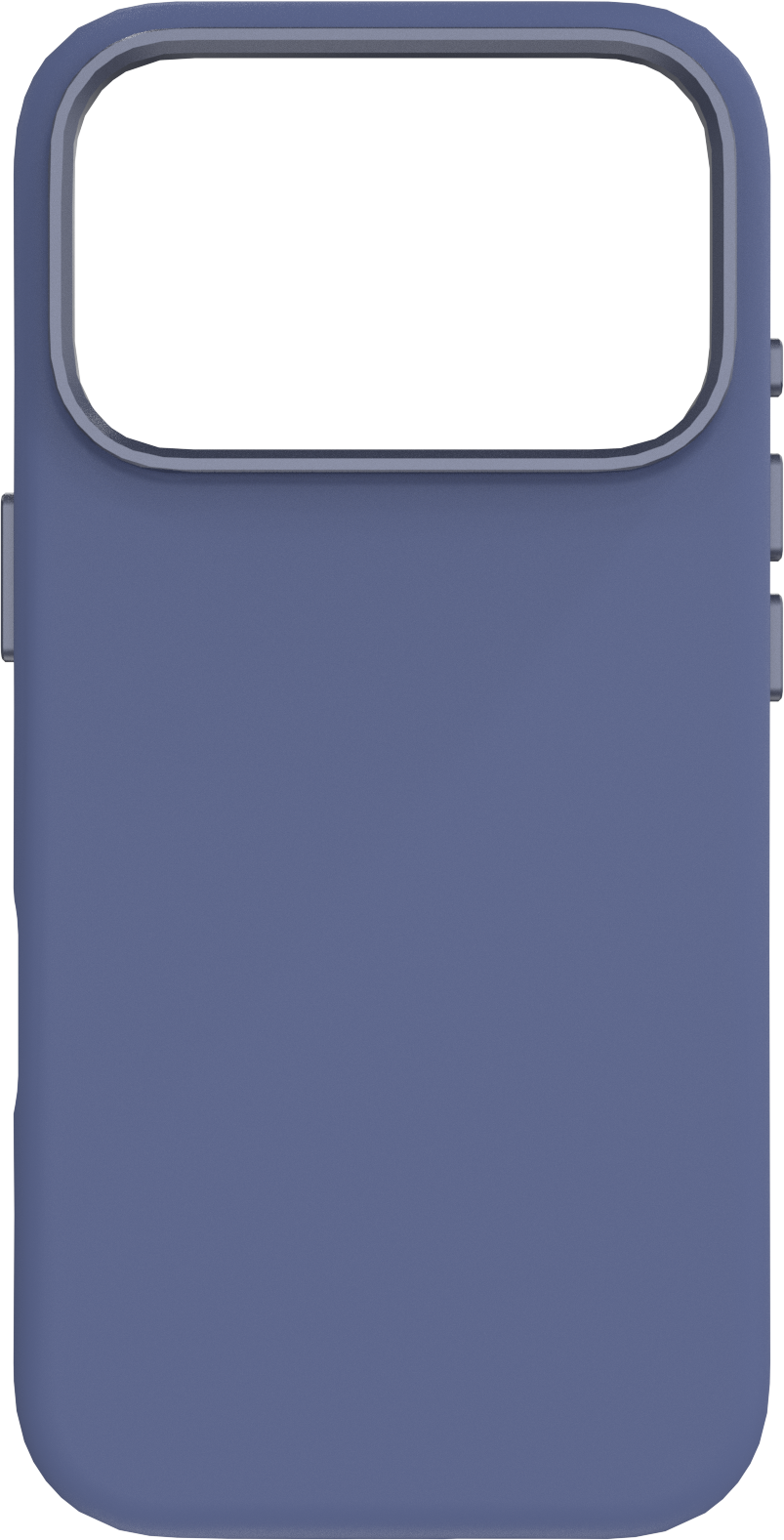 Gros plan sur une coque de téléphone. Le boîtier est d'une couleur bleu-gris uni et sourd. Il possède une découpe pour l'appareil photo et des boutons latéraux.