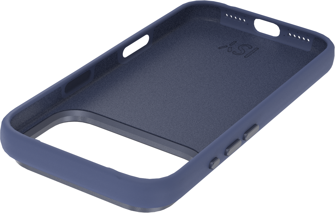 Une coque de téléphone bleue. Elle a des ouvertures pour les boutons, l'appareil photo et le port de charge. L'intérieur est bleu foncé.