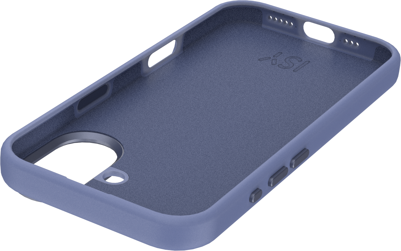 Une coque de téléphone bleue. Elle possède des ouvertures pour l'appareil photo, les boutons et les haut-parleurs. L'intérieur est texturé, et la marque est visible.
