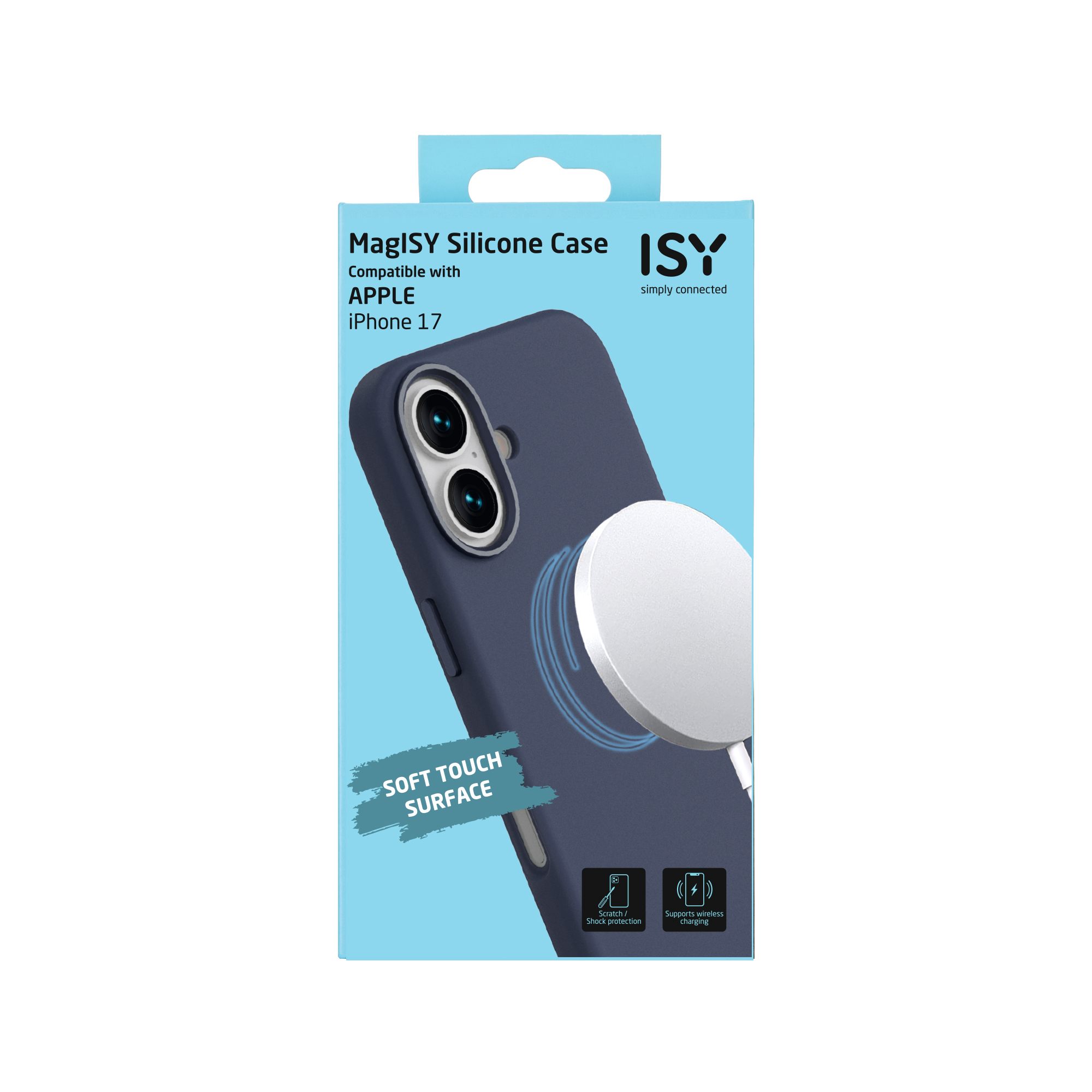 Une boîte de coque de téléphone montre une coque bleu foncé avec un chargeur blanc, étiquetée MagISY Silicone Case pour iPhone 17.