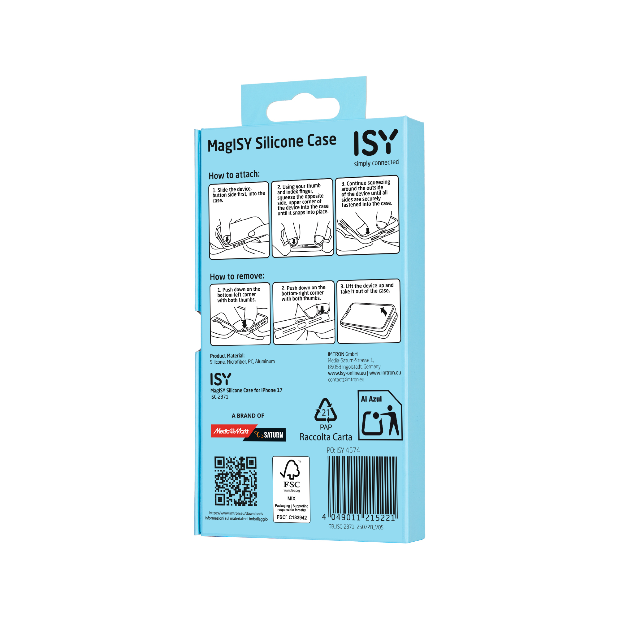Boîte bleue de la coque de téléphone ISY avec instructions. Montre comment attacher et retirer la coque en silicone.