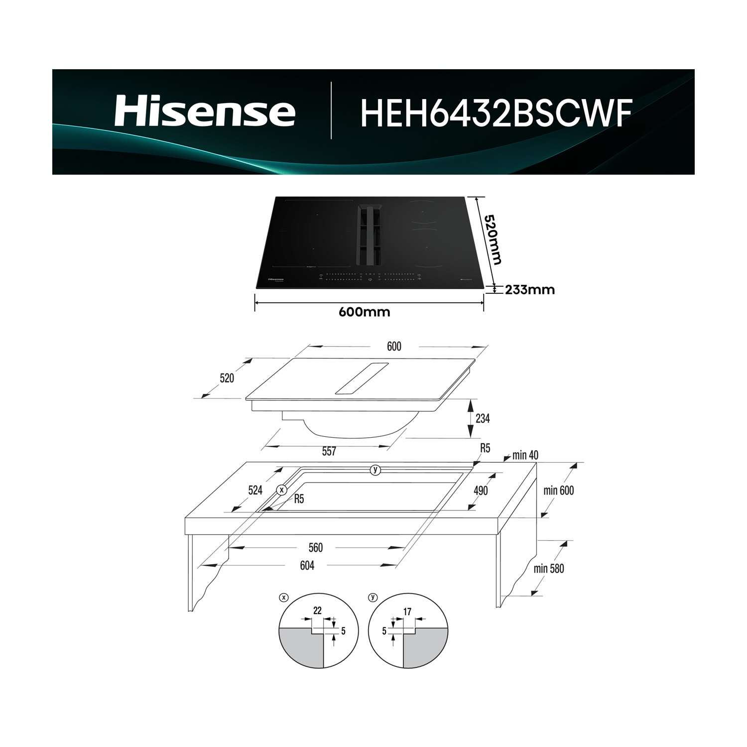 Diagramma di un piano cottura a induzione Hisense. Mostra le dimensioni, inclusa la larghezza di 600 mm e altri dettagli tecnici. Il piano è nero.