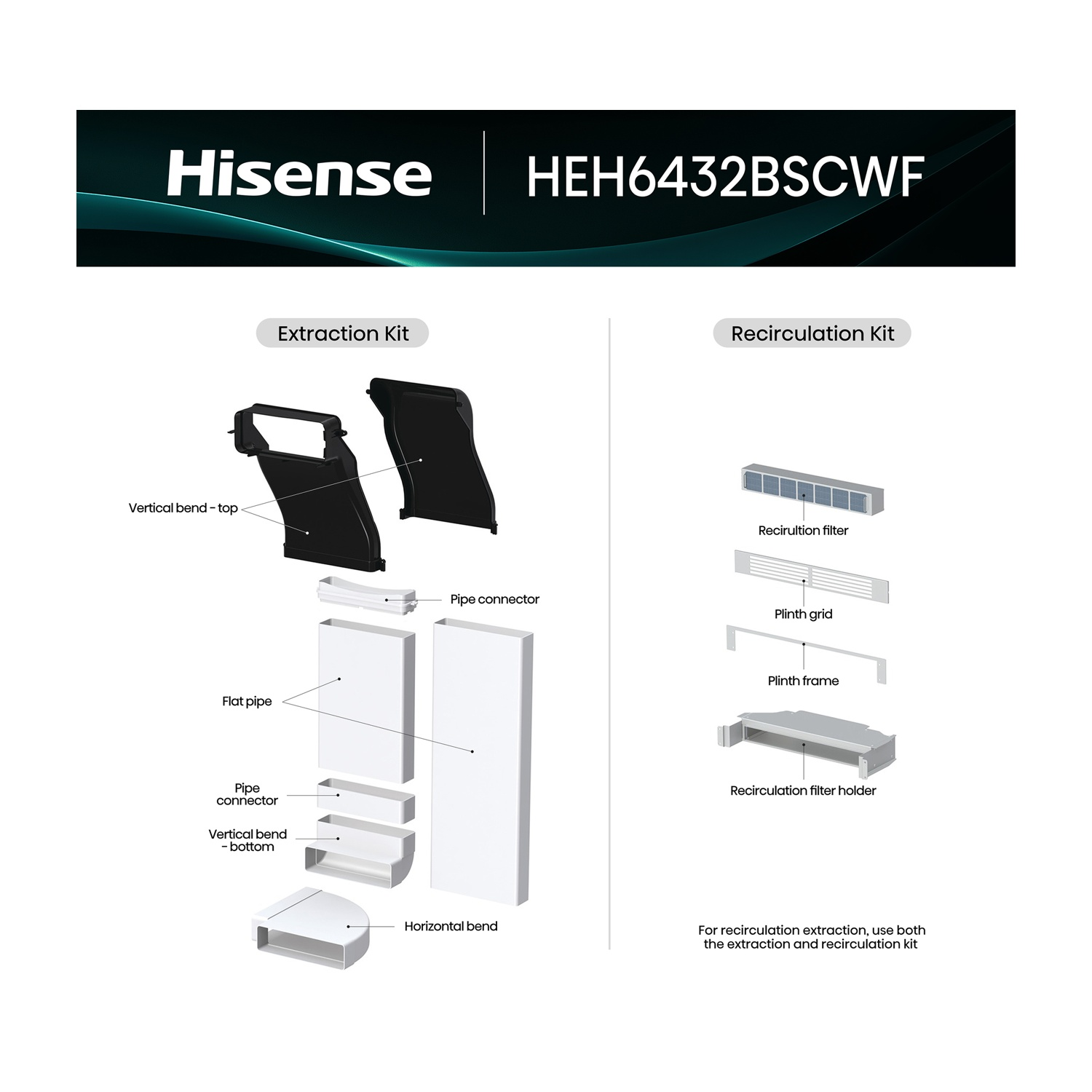 Schema delle parti della cappa Hisense HEH6432BSCWF: kit di estrazione e ricircolo, con componenti etichettati come tubi e filtri.