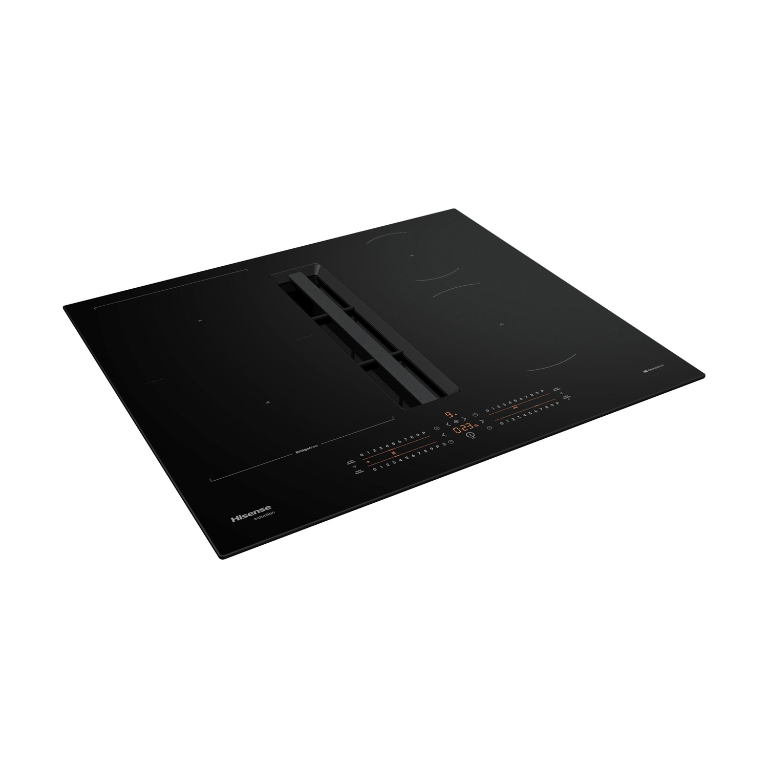 Piano cottura a induzione Hisense nero con ventilazione integrata. Dispone di comandi touch e display digitale.