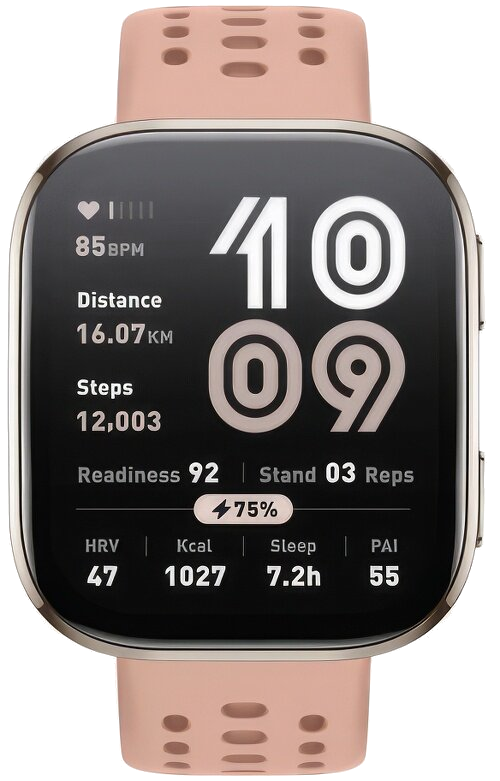 Smartwatch wyświetla dane fitness: tętno, dystans, kroki, gotowość, kalorie i czas snu. Pasek jest różowy.