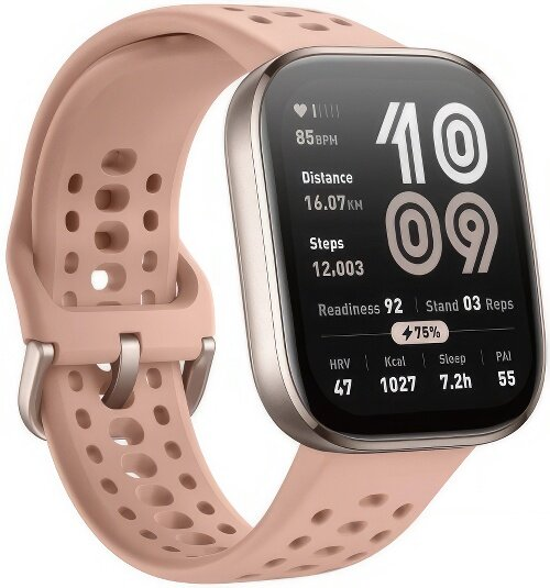 Zegarek smartwatch w kolorze różowego złota wyświetla dane fitness, w tym tętno, dystans, kroki i gotowość. Pasek jest również różowo-złoty i perforowany.