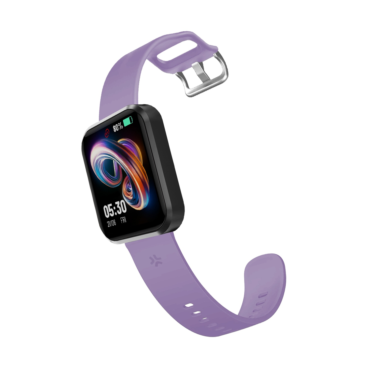 Uno smartwatch viola con schermo nero che mostra ora e batteria. Il cinturino è viola con fibbia argentata.