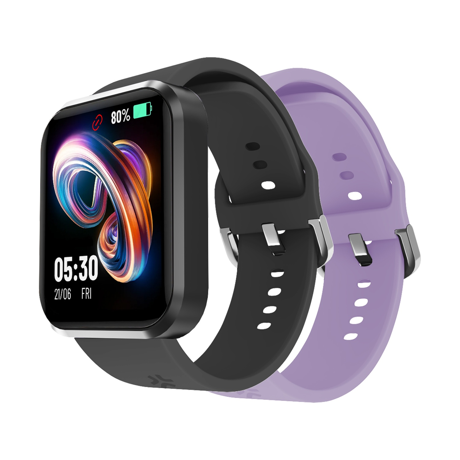 Uno smartwatch con cornice e cinturino neri, che mostra l'ora e la durata della batteria. C'è anche un cinturino viola.