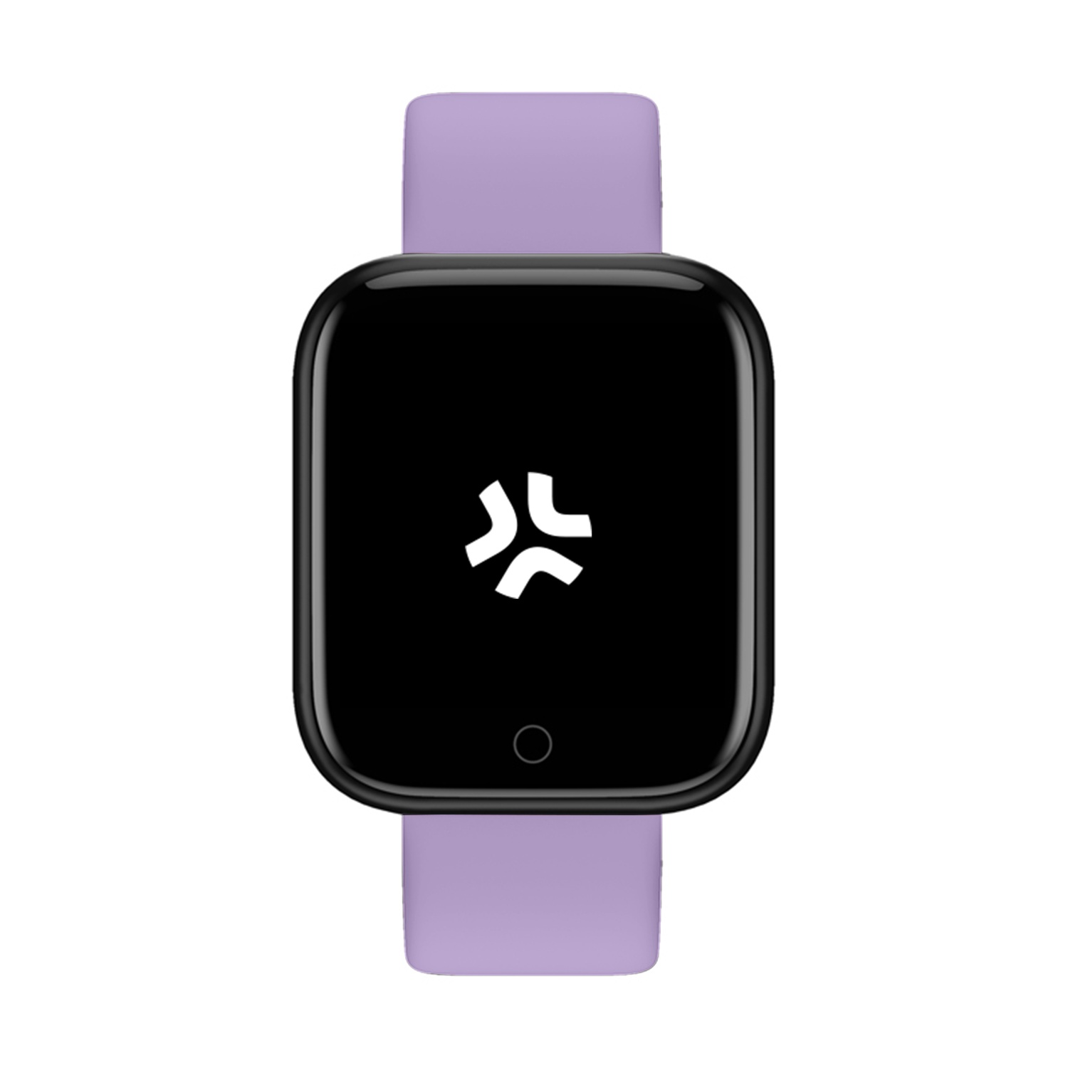Uno smartwatch con schermo nero, logo bianco, cornice nera e cinturino viola. Su sfondo bianco.