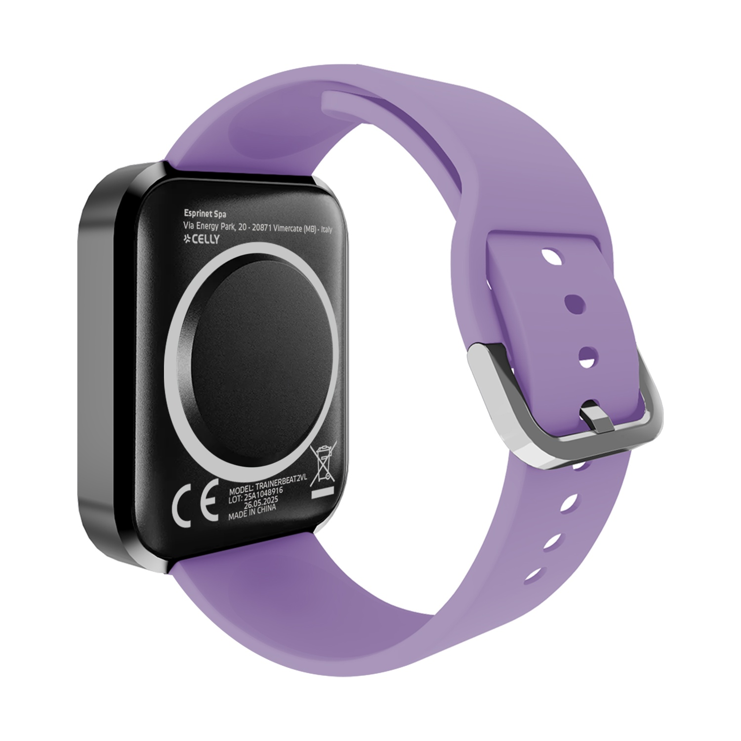 Primo piano di uno smartwatch con cinturino viola. Il quadrante è nero con segni bianchi. Il cinturino ha una fibbia argentata.