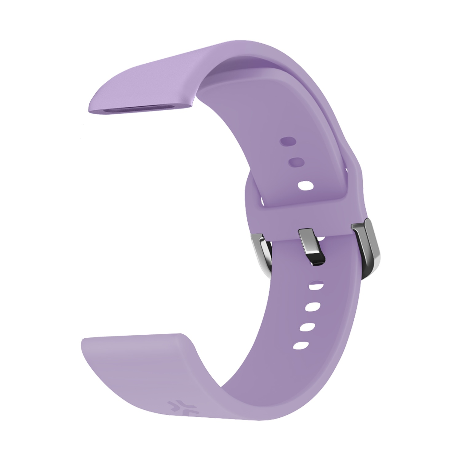 Un cinturino per smartwatch color lavanda è mostrato su sfondo bianco. Ha un design curvo con una fibbia in metallo e diversi fori.