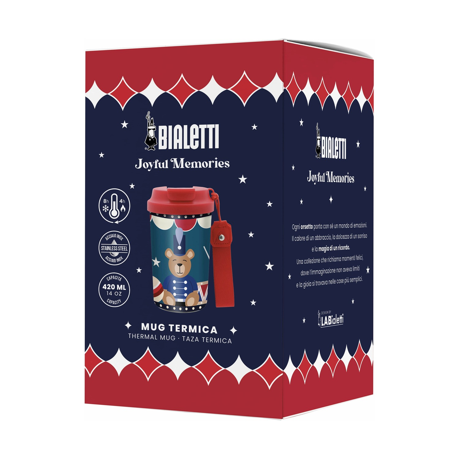 Una scatola di tazze termiche Bialetti. La tazza presenta un design a orso. Il testo include 'Joyful Memories' e 'Mug Termica'.