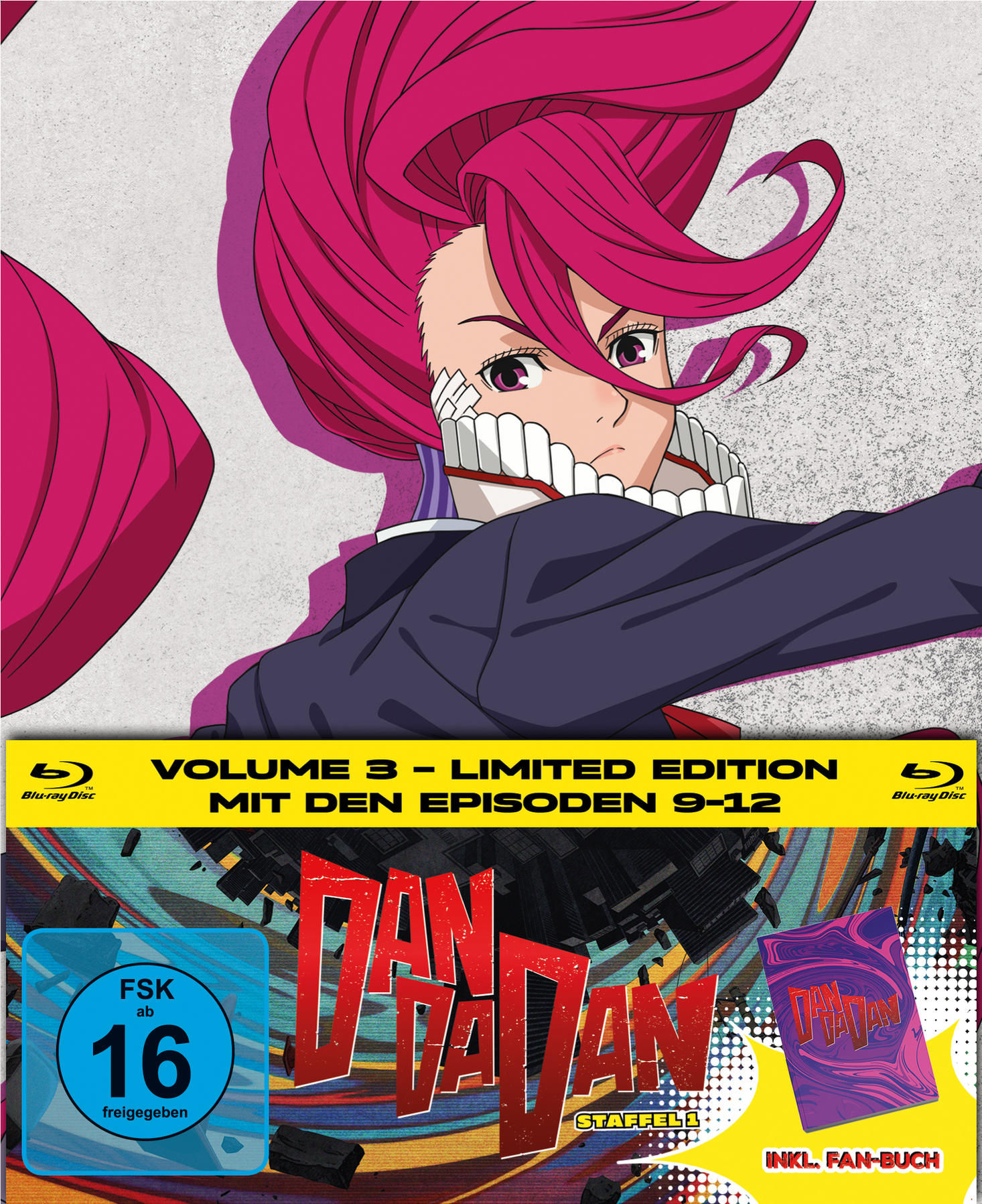 Anime Blu-ray-Cover. Eine Frau mit pinken Haaren und dunkler Kleidung ist abgebildet. Text lautet 'Volume 3 Limited Edition' und 'DanDaDan'.