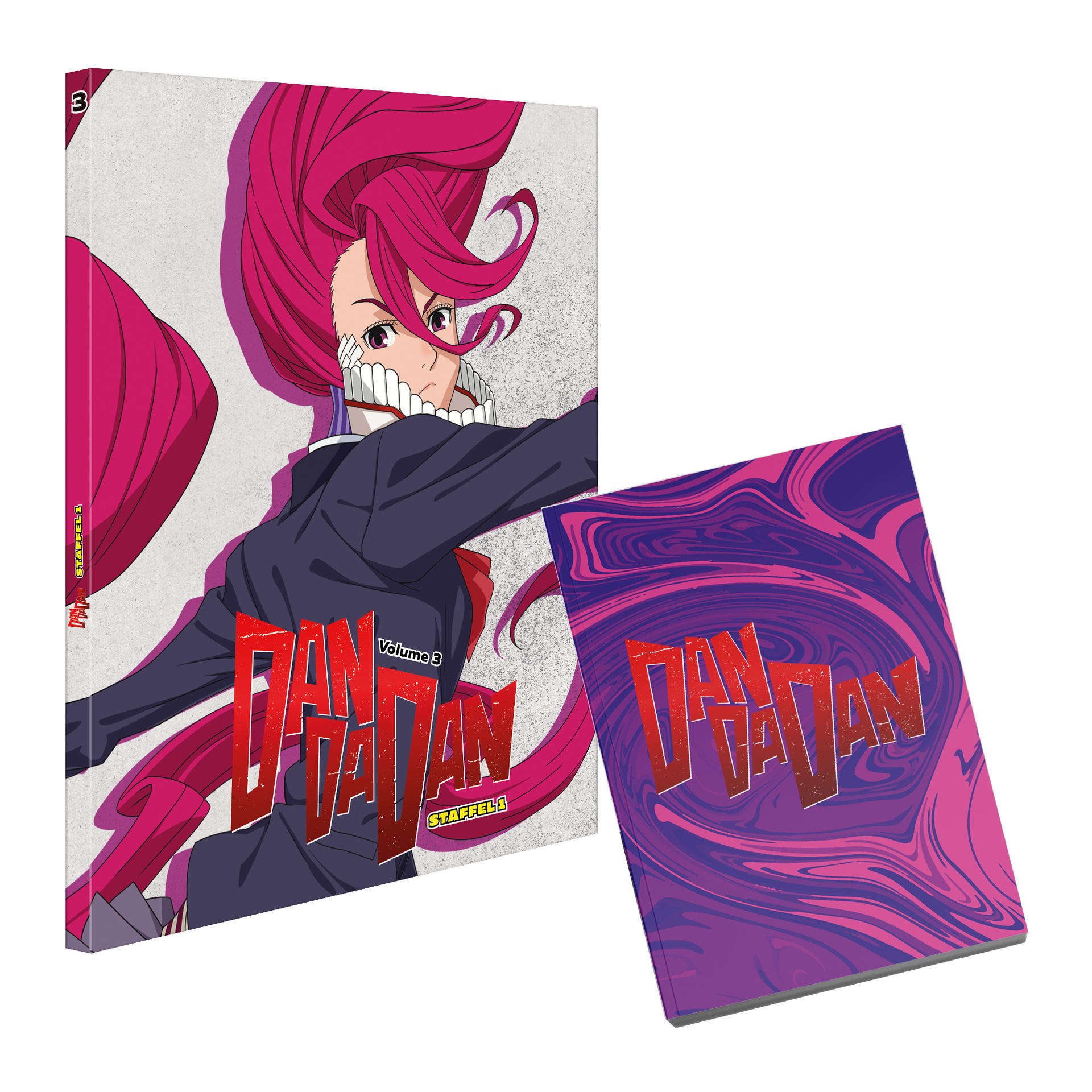 Anime-Box-Set mit einer Figur mit rosa Haaren. Das Box-Set trägt den Titel „DANDADAN“ mit Band 3 auf der Seite.