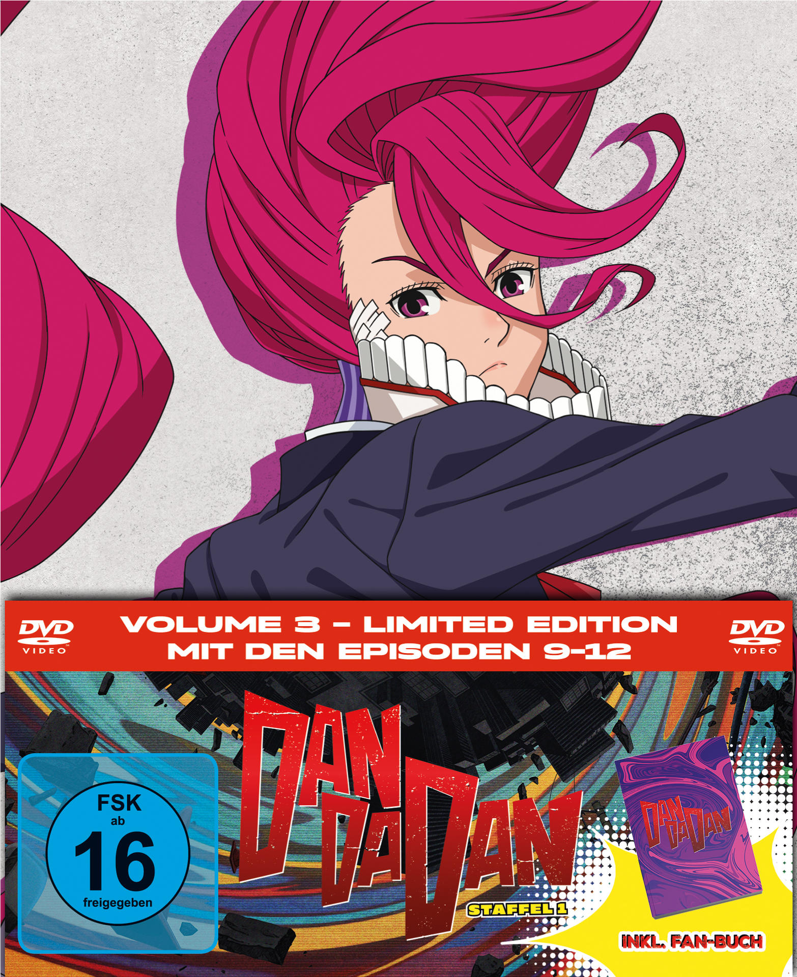 Anime-DVD-Cover. Frau mit pinken Haaren, schwarzer Jacke. Roter Text: Volume 3. Enthält Episoden 9-12. FSK 16.