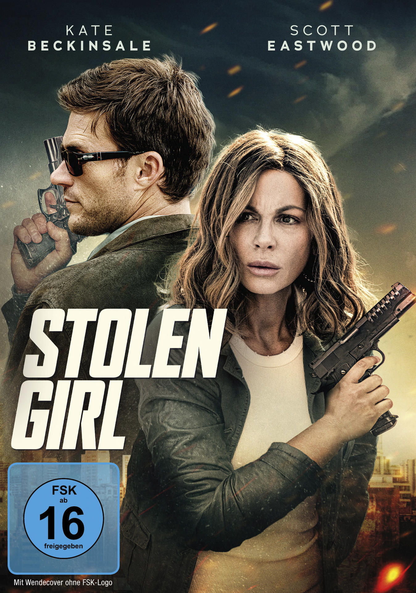 Filmposter mit Kate Beckinsale und Scott Eastwood mit Waffen. Titel 'Stolen Girl'. FSK 16 Bewertung wird angezeigt.