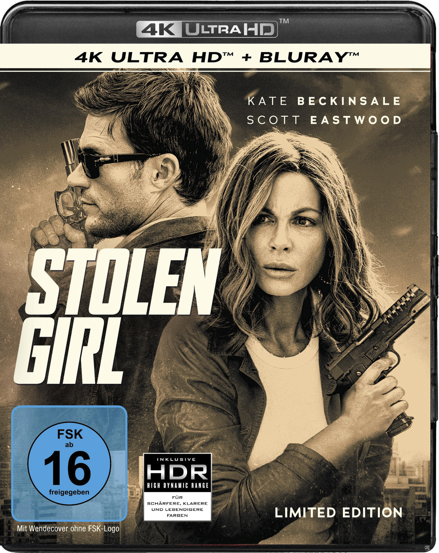 Filmcover: Kate Beckinsale und Scott Eastwood. Beckinsale hält eine Waffe. Titel: Stolen Girl. 4K Ultra HD und Blu-ray.