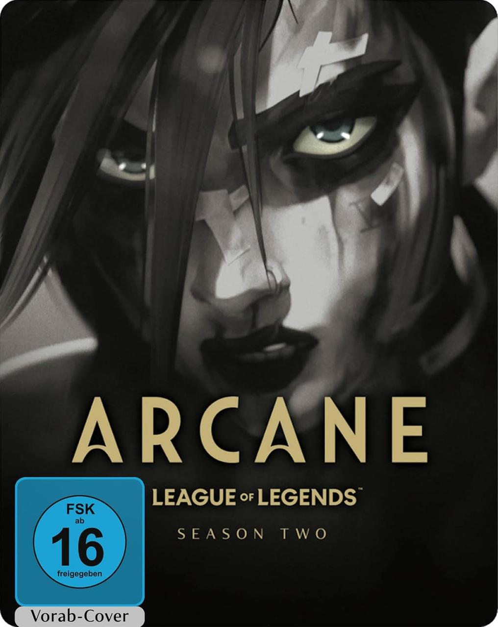 Arcane: League of Legends Cover. Eine Frauengesicht im Fokus, das Wort ARCANE in Gold. Das FSK 16 Logo ist sichtbar.