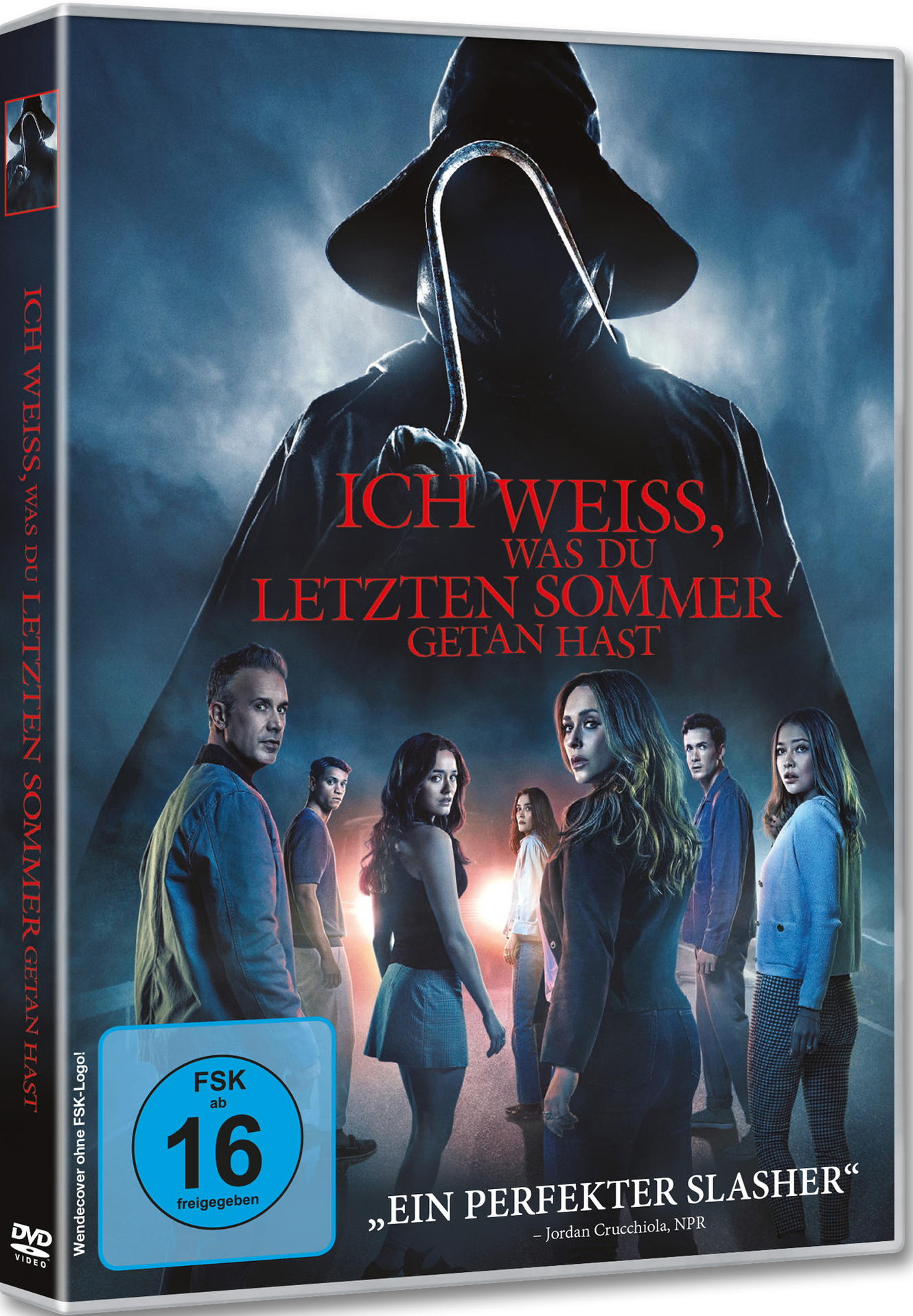 DVD-Cover. Eine Figur in schwarzer Kapuze hält einen Haken. Gruppe von Leuten im Hintergrund. Titel: Ich weiß, was du letzten Sommer getan hast.