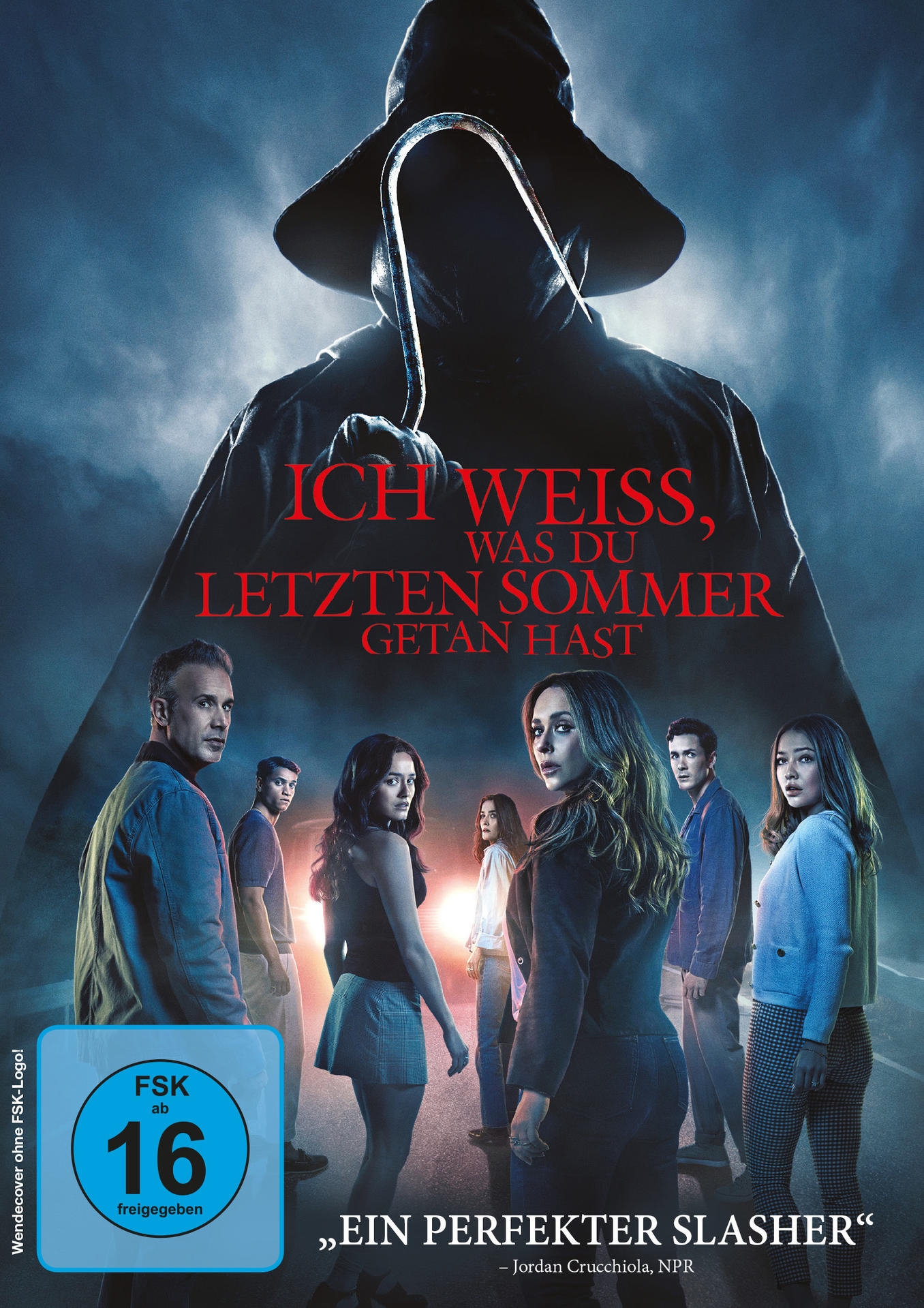 Filmposter. Eine Kapuzenfigur mit Haken über einer Gruppe junger Leute. Text: Ich Weiss, was du letzten Sommer getan hast.
