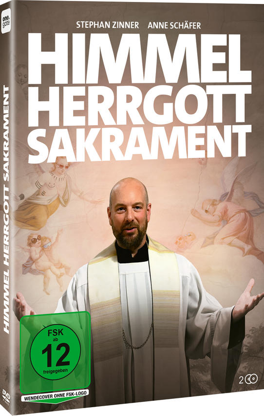 DVD-Cover mit dem Titel 'Himmel Herrgott Sakrament'. Ein Mann im Priestergewand steht im Zentrum. Engel sind im Hintergrund.