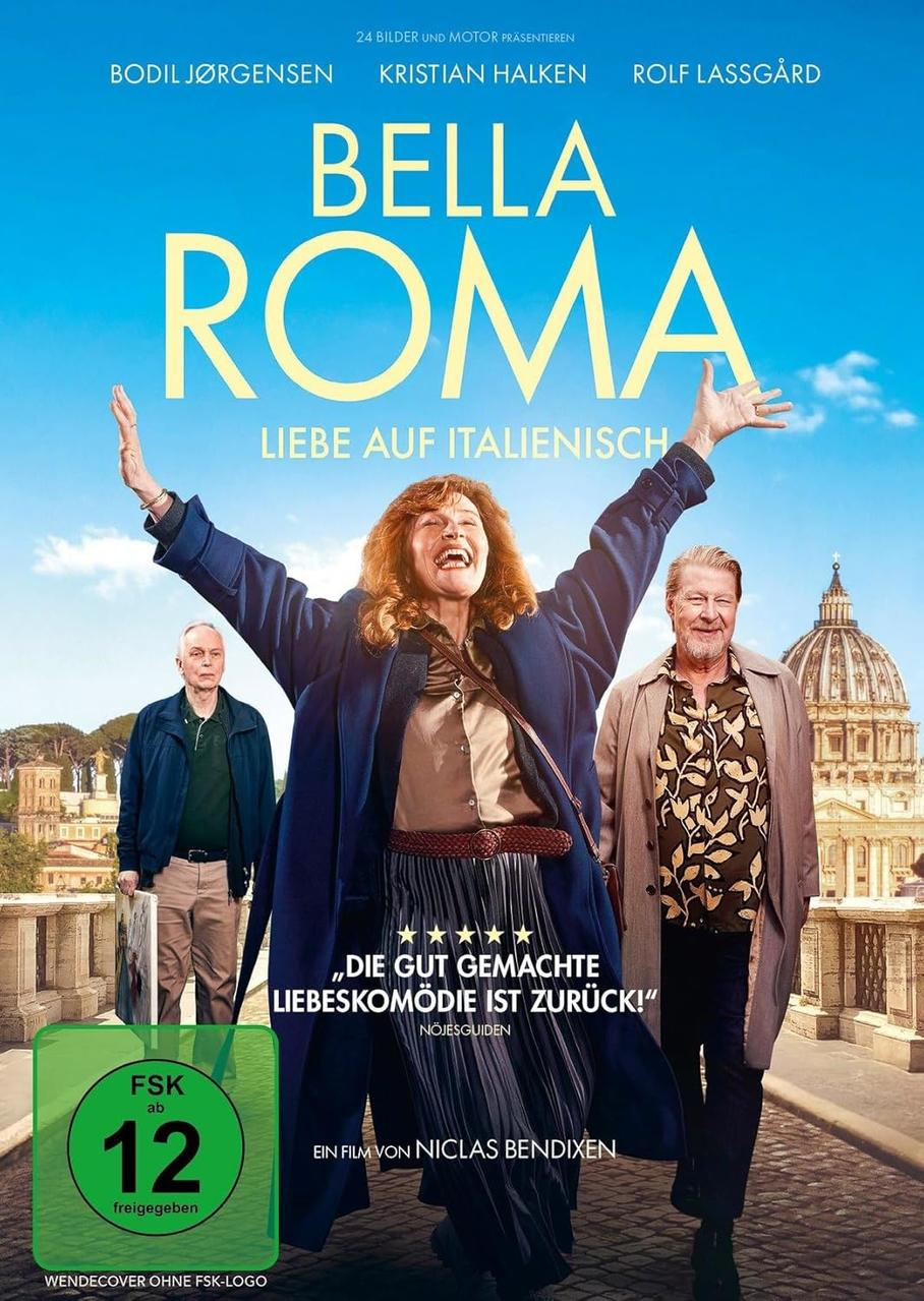 Filmplakat für Bella Roma. Frau mit erhobenen Armen, zwei Männer und römische Szenerie im Hintergrund.