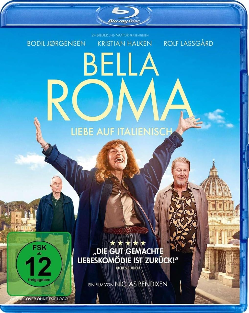 Blu-ray Cover: Frau mit erhobenen Armen, zwei Männer, Text 'Bella Roma', Kirche im Hintergrund, grünes FSK-Abzeichen.