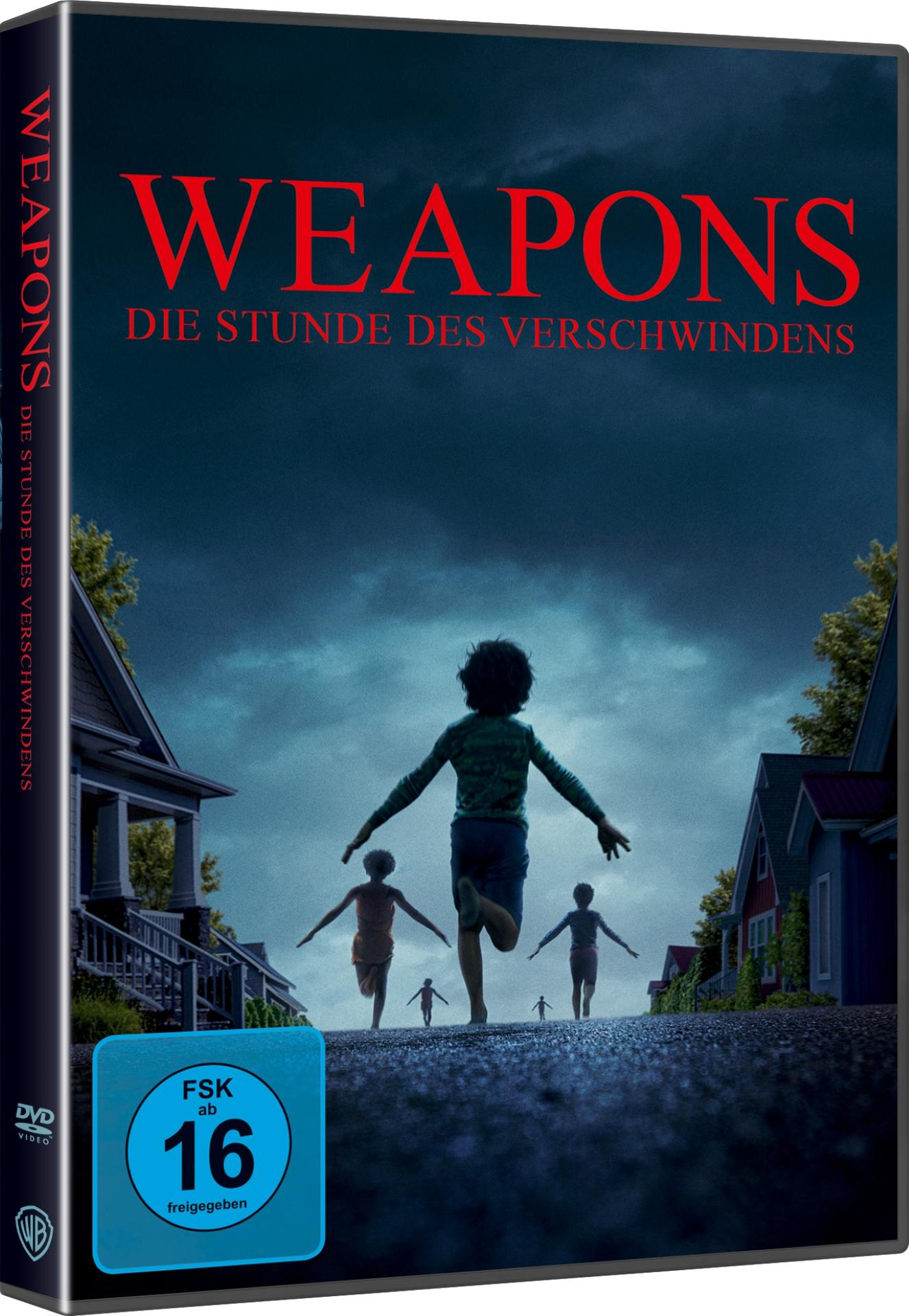 DVD-Cover. Kinder rennen auf den Betrachter zu. Dunkler Himmel und Häuser im Hintergrund. Der Titel lautet 'WEAPONS'.
