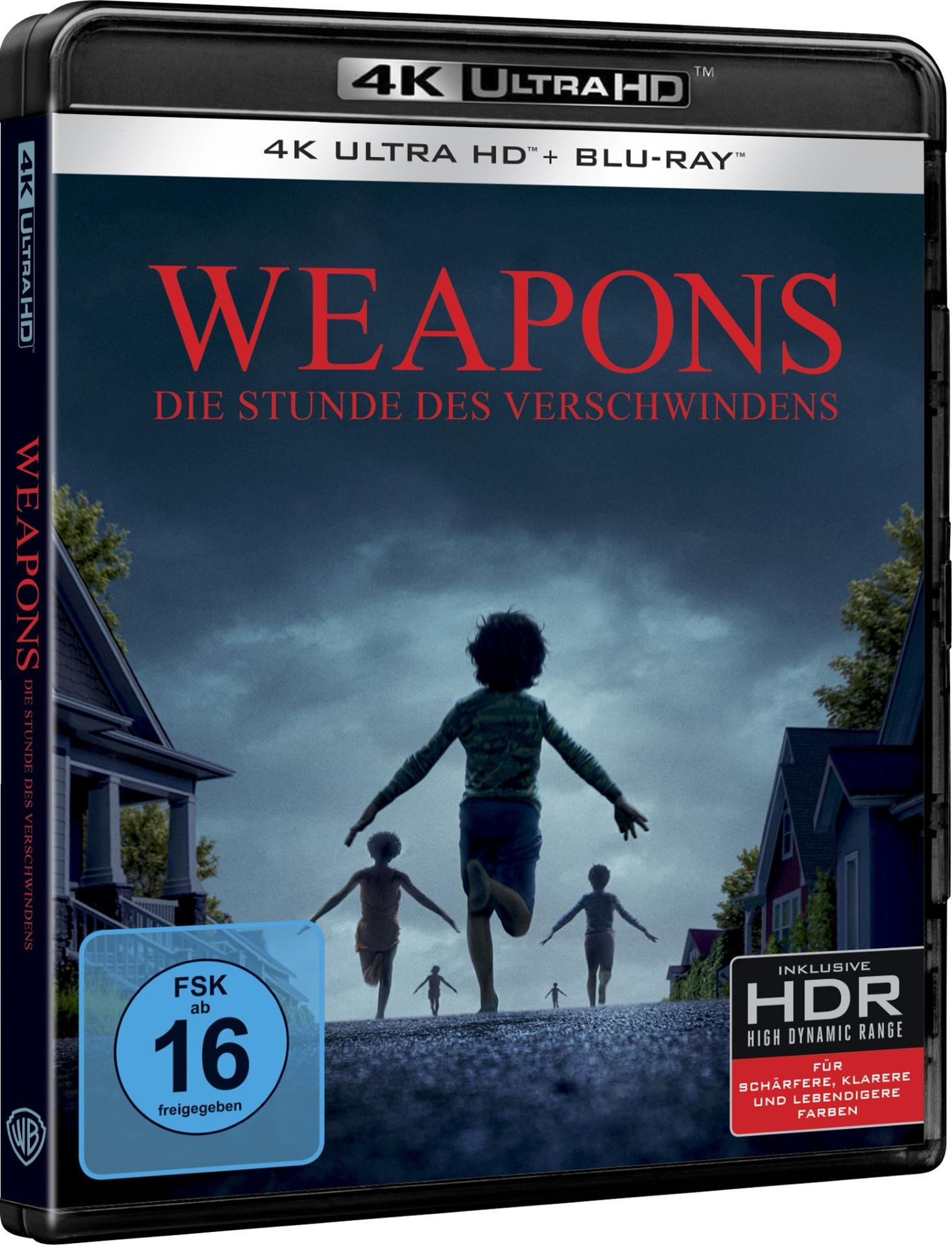 Blu-ray-Cover für Weapons. Dunkles Bild mit Kinderfiguren, Häusern und Text in Rot. Inklusive HDR und FSK 16.