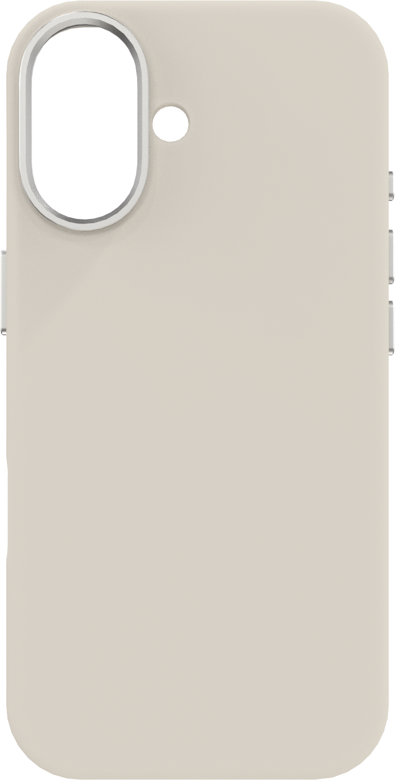Un étui de téléphone beige. Il a une découpe pour l'appareil photo avec un anneau argenté. Il y a des boutons argentés sur le côté.