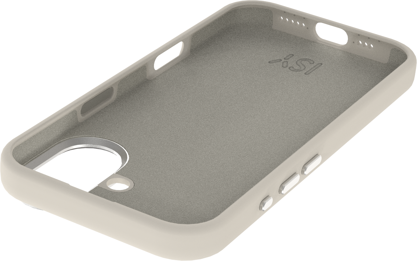 Une coque de téléphone ouverte beige. L'intérieur est gris, avec des ouvertures pour l'appareil photo et les boutons. Le logo de la marque est visible.