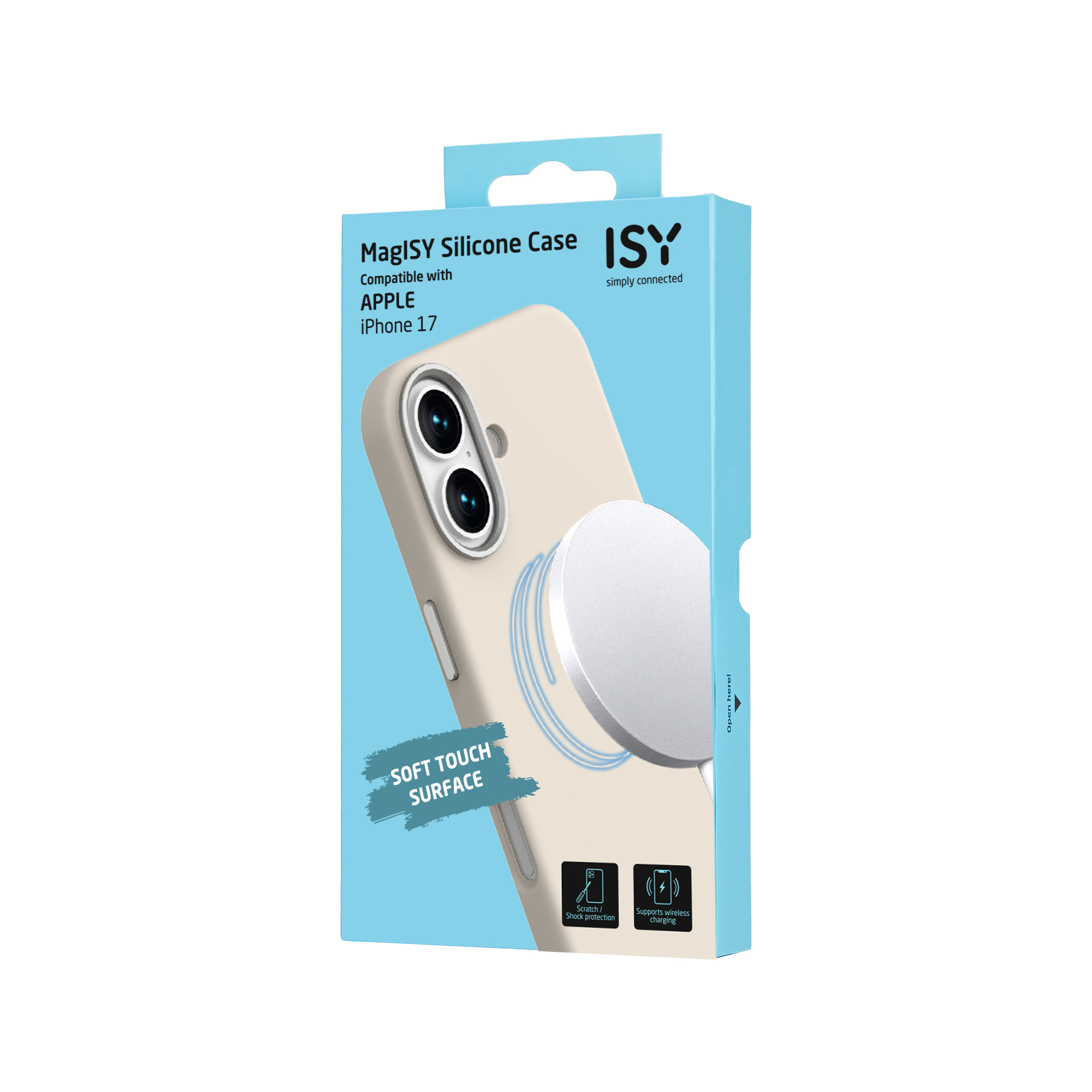 Boîte avec coque de téléphone. La coque est beige, avec un MagSafe circulaire blanc. Texte : Coque en silicone MagISY, iPhone 17. Fond bleu.