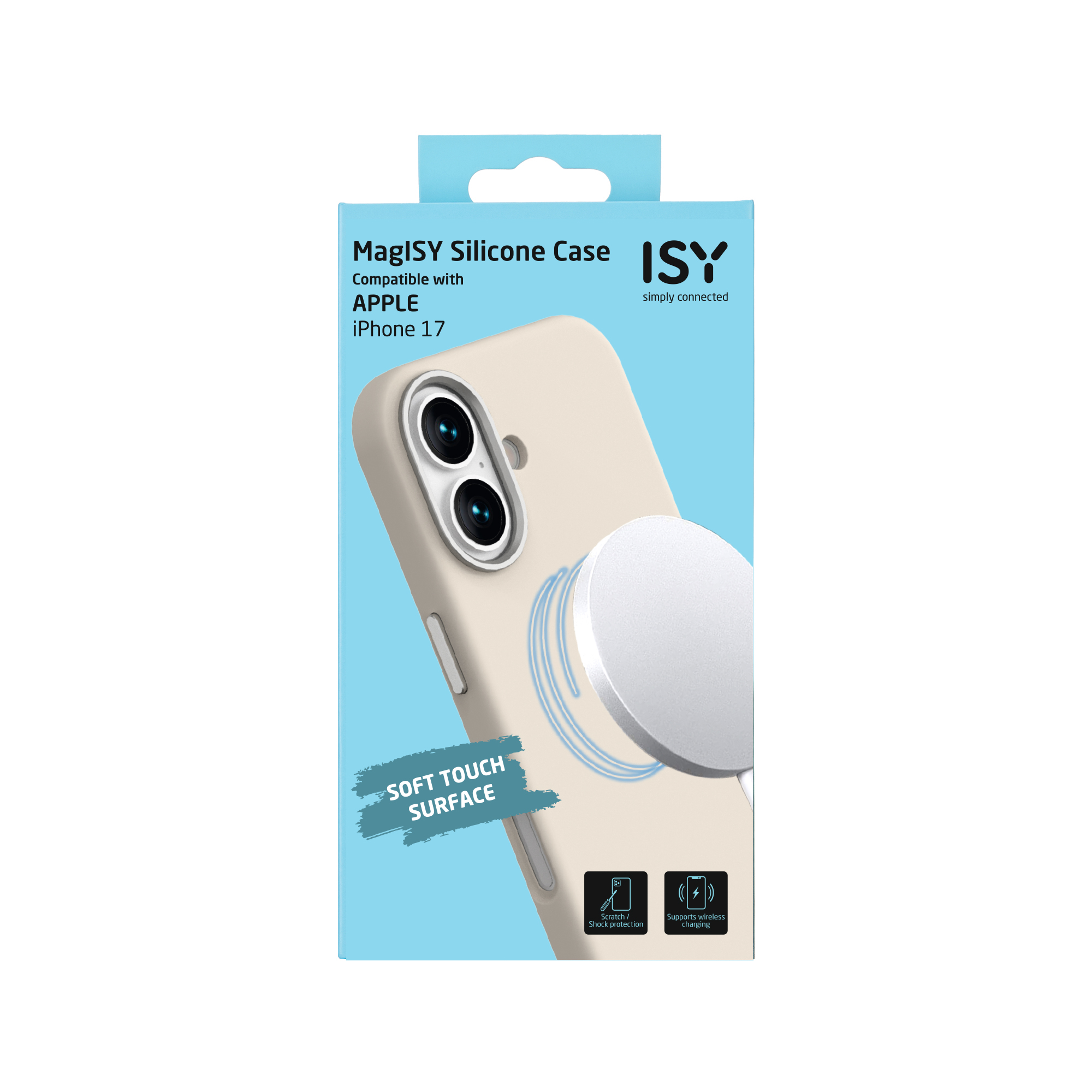 L'image montre une coque pour iPhone 17. La coque est beige. La marque est MagISY. Les caractéristiques sont le toucher doux et la recharge sans fil.