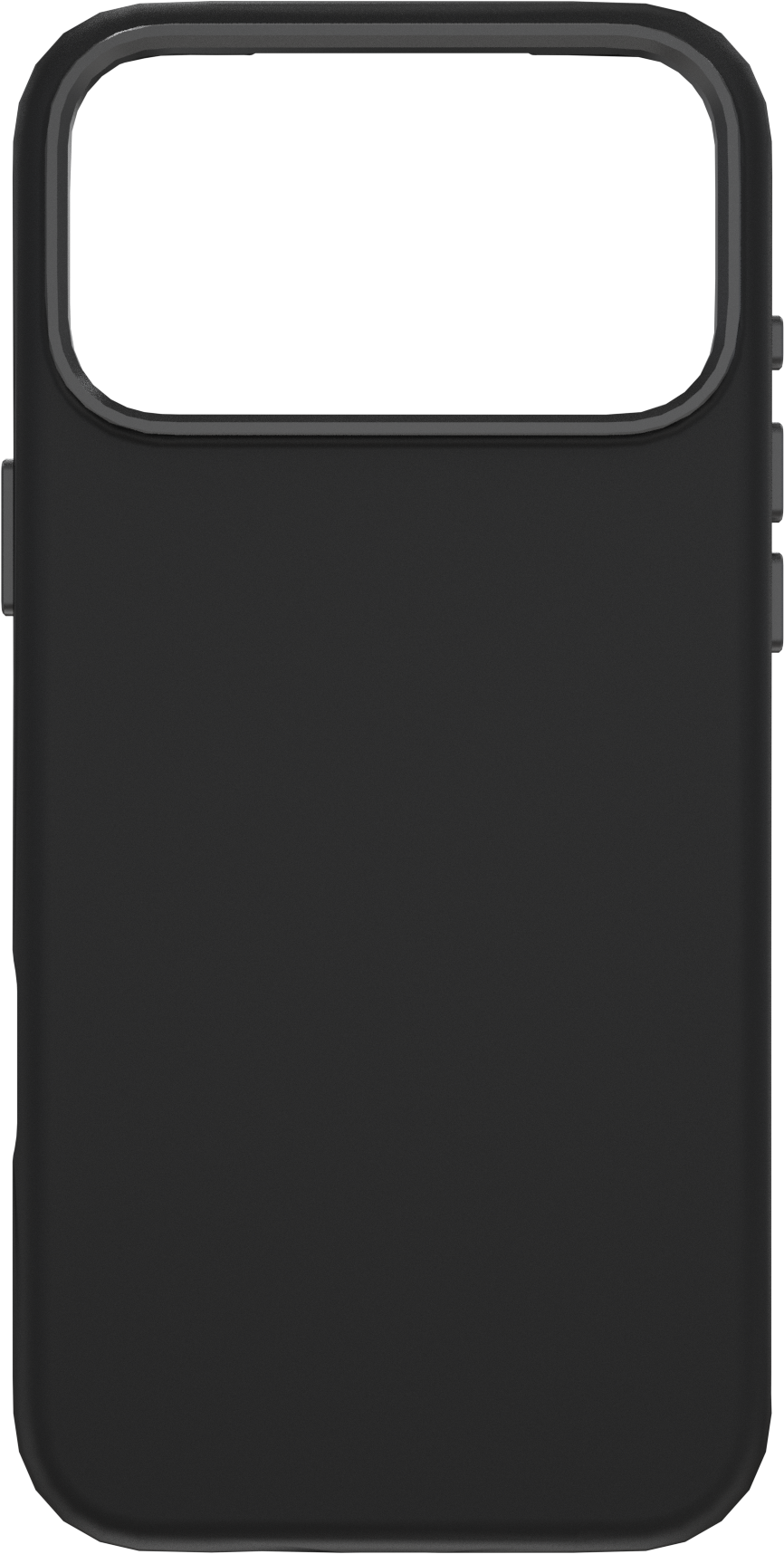 Coque de téléphone noire avec découpe caméra. Boutons latéraux visibles. La coque est noire unie, avec un fond arrondi.