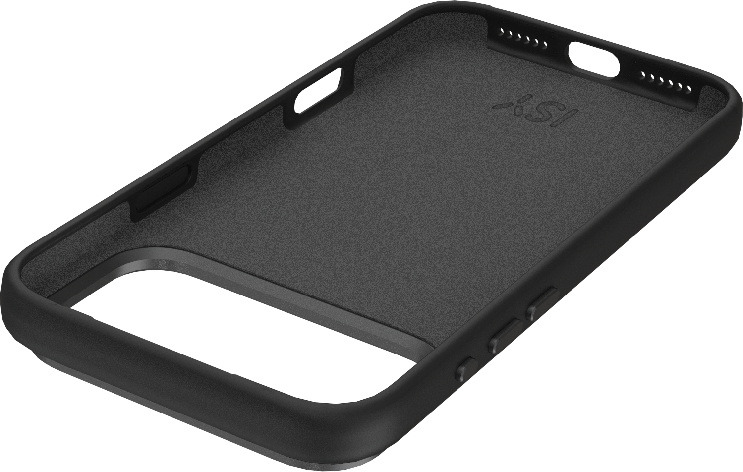 Une coque de téléphone noire avec des découpes pour la caméra et les boutons. L'intérieur a une surface texturée, et la marque est visible.