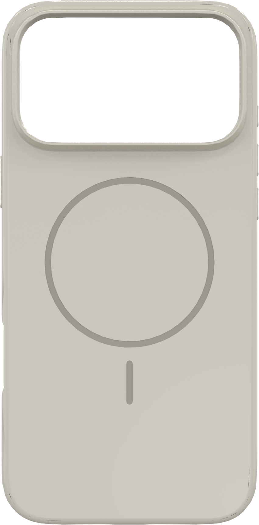 Une coque de téléphone beige avec une découpe pour l'appareil photo et un design circulaire. Une ligne verticale est en dessous du cercle.